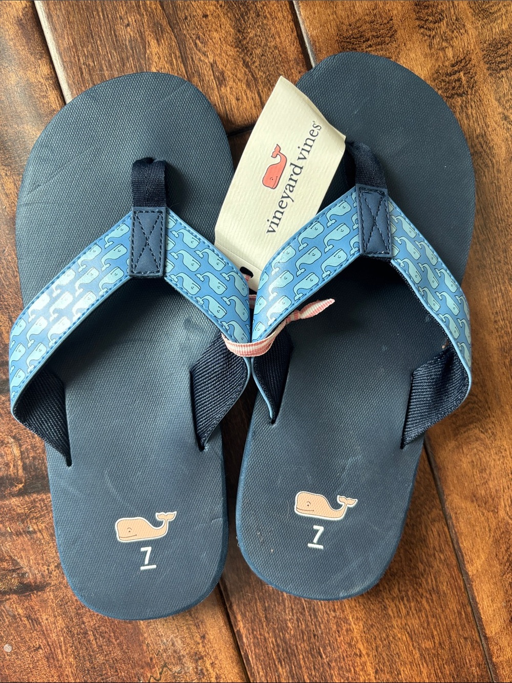 Vineyard Vines Navy and Light Blue Whale Print Flip Flops
